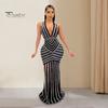 Женское вечернее платье с глубоким V-образным вырезом, бретелькой через шею, в полоску, с отделкой из мерцающих стразов, с открытой спиной, с открытыми плечами, длинное коктейльное платье для выпускного вечера