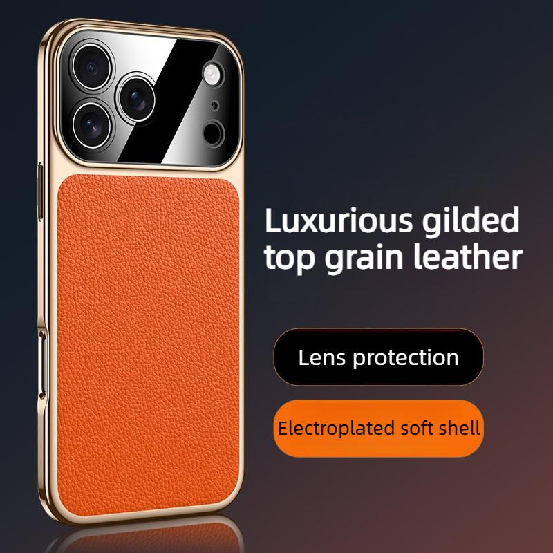 Luxury Gilt First Layer Cowhide Leather Case for iPhone 17 Pro Max Air 17Pro Fine Hole Lens Electroplating Soft Edge Back Cover