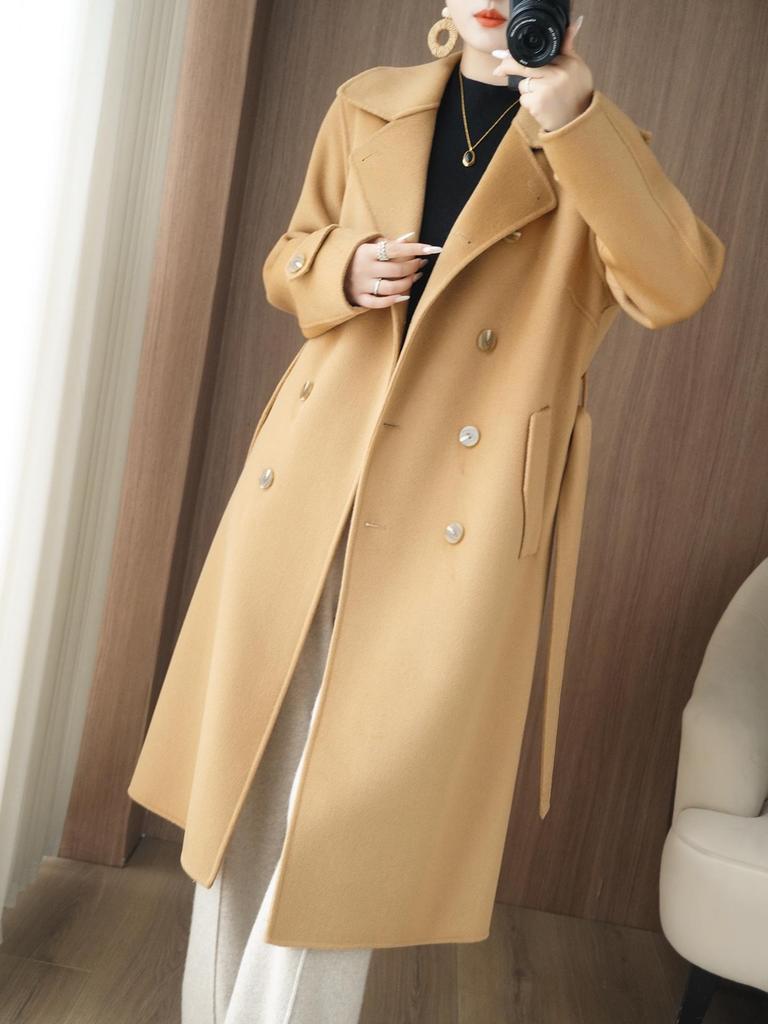2025 A/W Women's Slimming Double-Faced Cashmere Coat - Korean Style Double-Breasted Wool Overcoat with Suit Collar