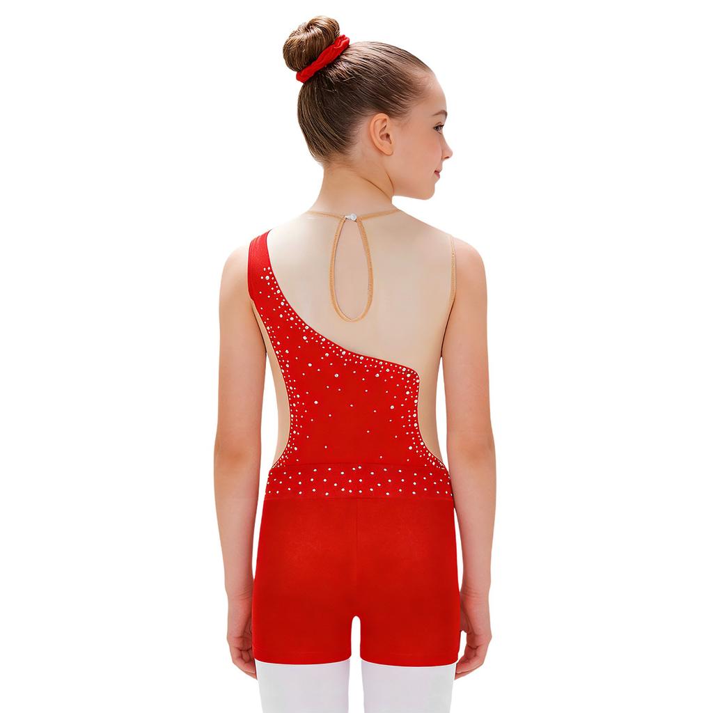 Girls Sheer Mesh Leotard Rhinestones Shorts Hair Tie Headwear Dance Figure Skating Gymnastics Outfit Set