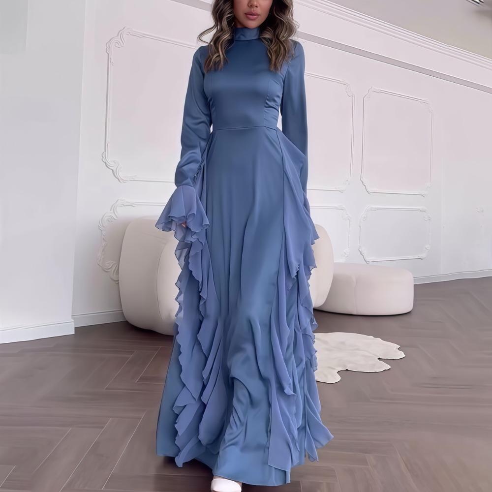 Women's Flare Sleeve Ruffle Dress Muslim Party Gowns Dubai Abaya Turkey Robe Elegant Female Robe Islamic Gown Autumn Fashion