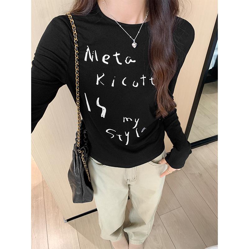 Черная футболка с круглым вырезом и длинными рукавами с принтом букв, женская облегающая майка в стиле ранней осени, внутренний топ