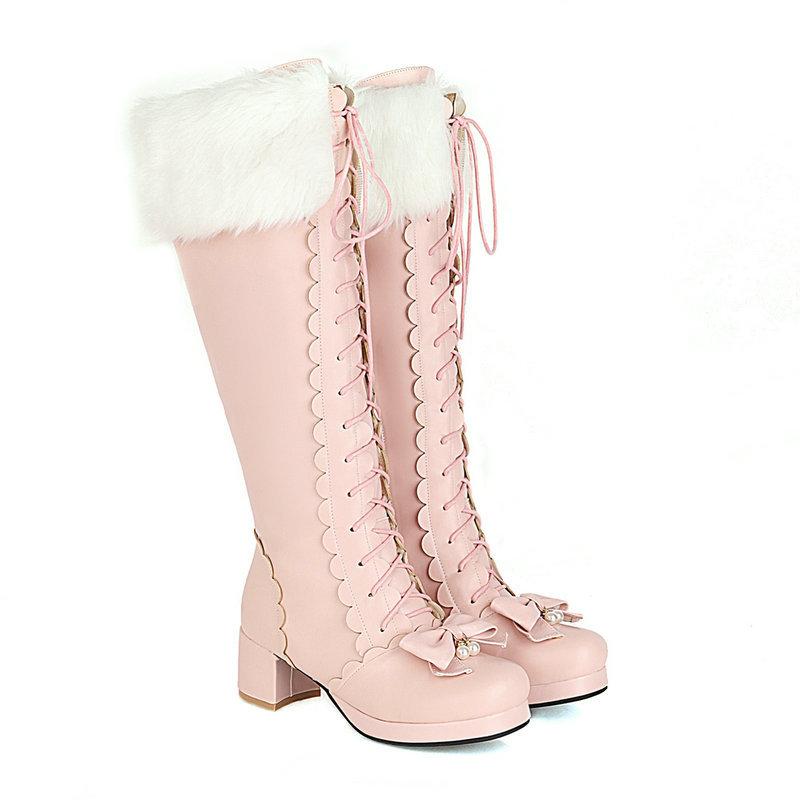Модные принцессные ботфорты до колена Зимняя обувь Женская обувь Бант Массивный каблук Обувь Лолиты Боковая молния Ботинки для девочек Большой размер 30-43