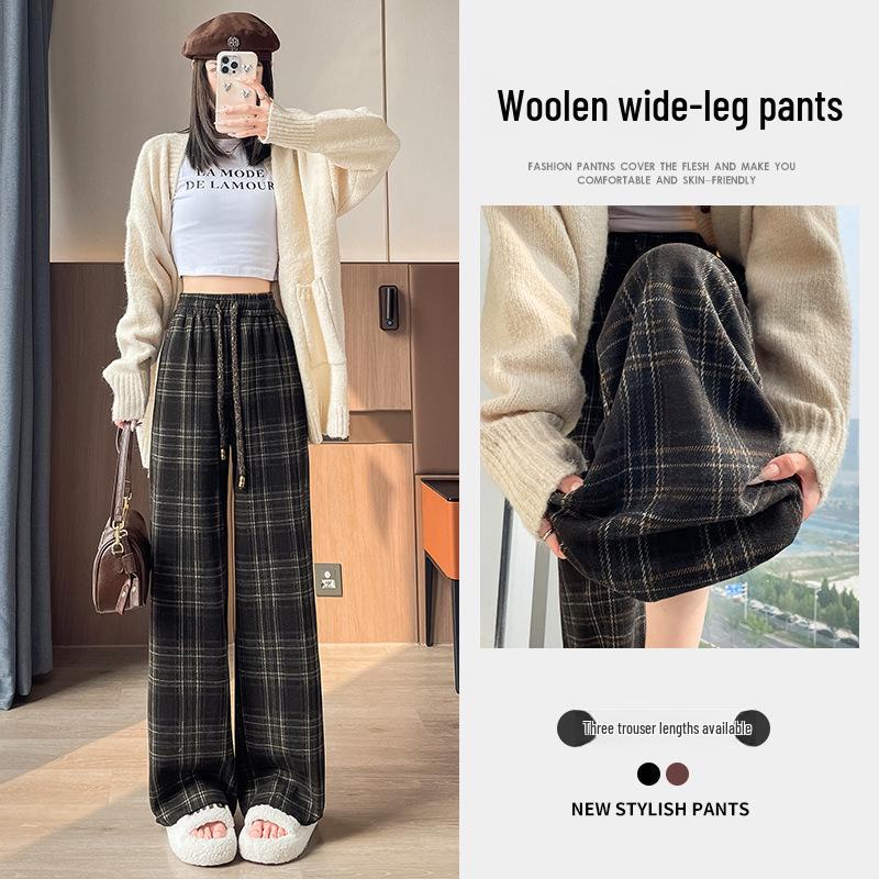 Women's Retro High-Waist Wool Plaid Pants - Contrast Color, Wide-Leg, Floor-Length, Velvet-Lined for Autumn/Winter 2024