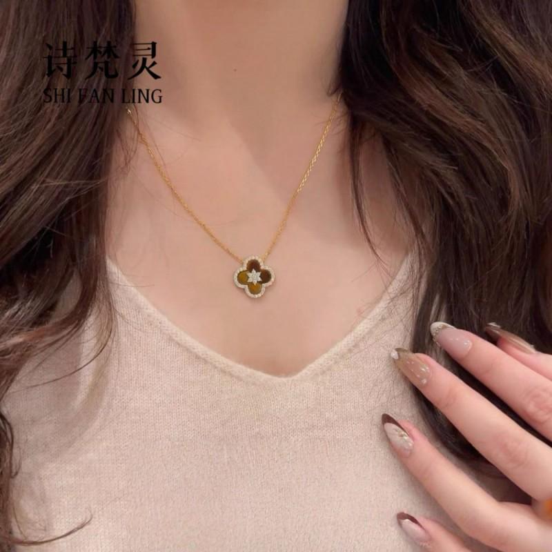 Gold-Tone Clover Pendant Necklace Set With Tiger Eye Stone Rhinestones Adjustable Chain Bracelet Stud Earrings Women