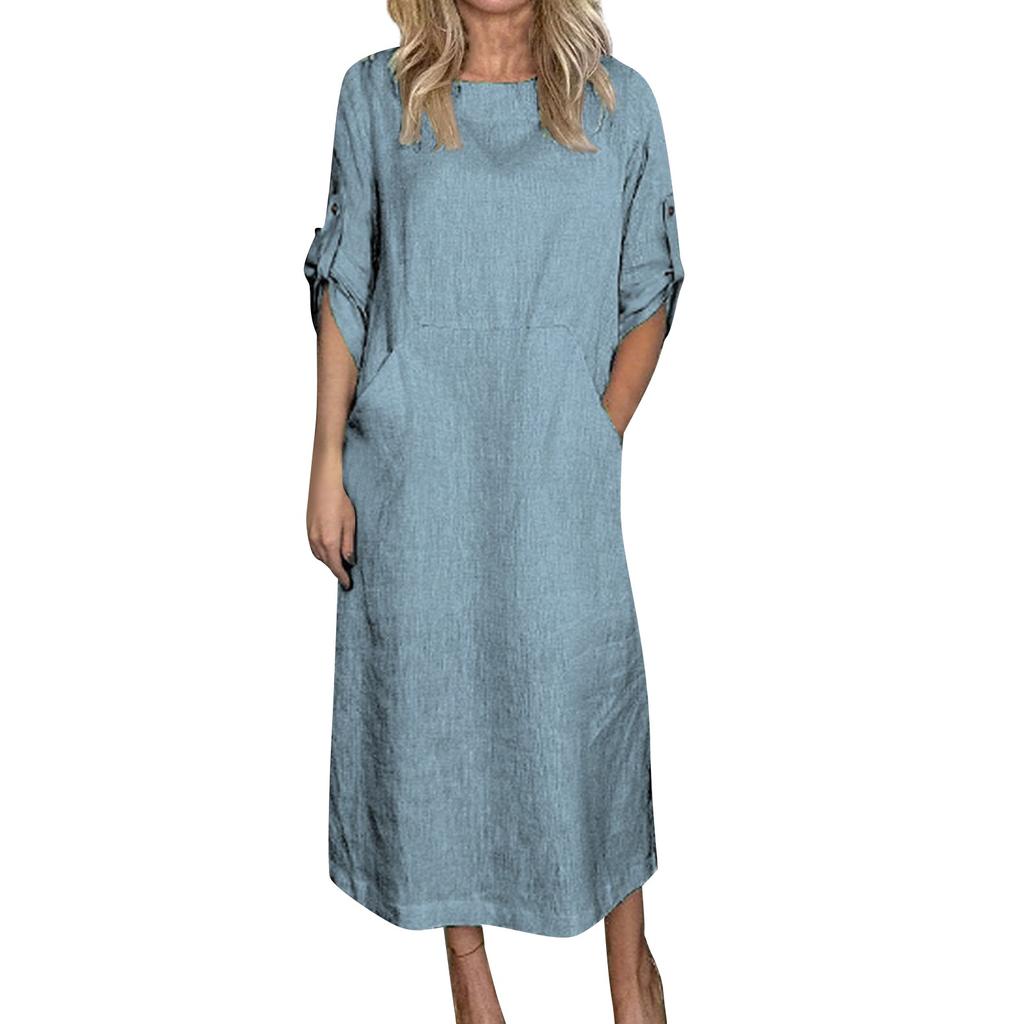 Women's Cotton And Linen Solid Color Casual Round Neck  Double Side Pockets 3/4 Sleeve Long Dress