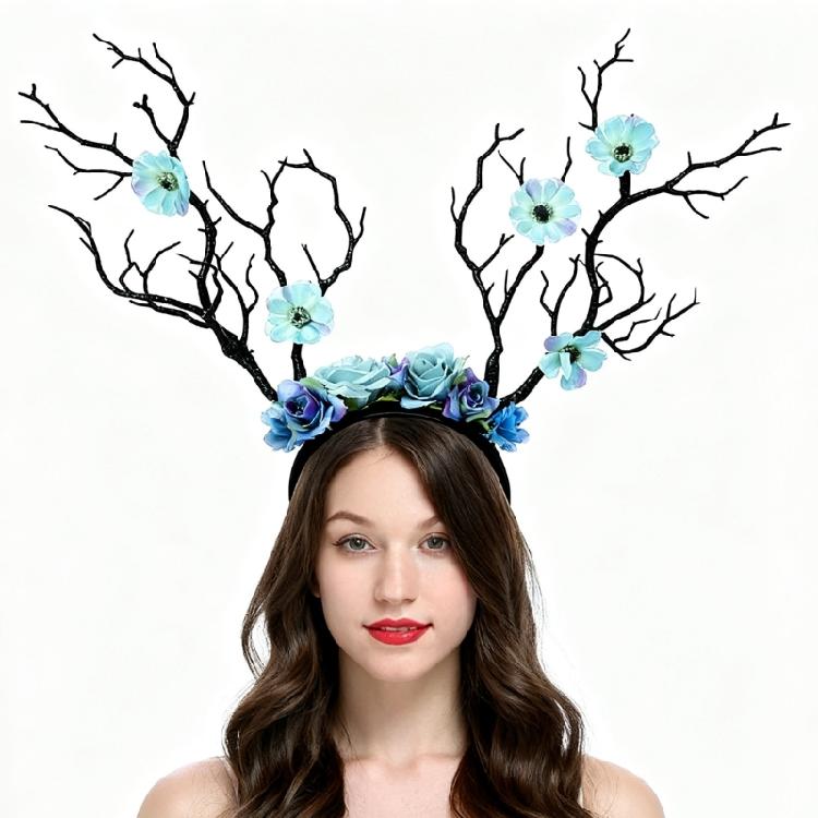 10Pcs Flower Antler Headbands Deer Horns Hairband Floral Reindeer Headpiece for Women Girls Halloween Cosplay Party Photo