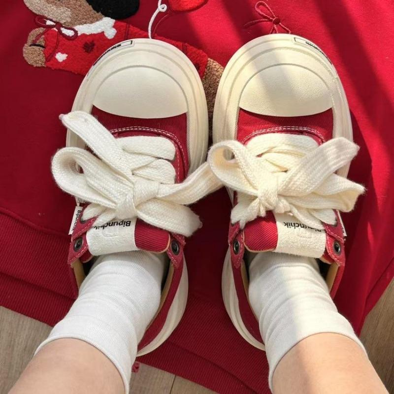 Bandage Canvas Shoes Black and White Couple's Big Head Shoes Guochao Platform Soles Men's and Women's Trend Versatile Heightening Board Shoes Tide