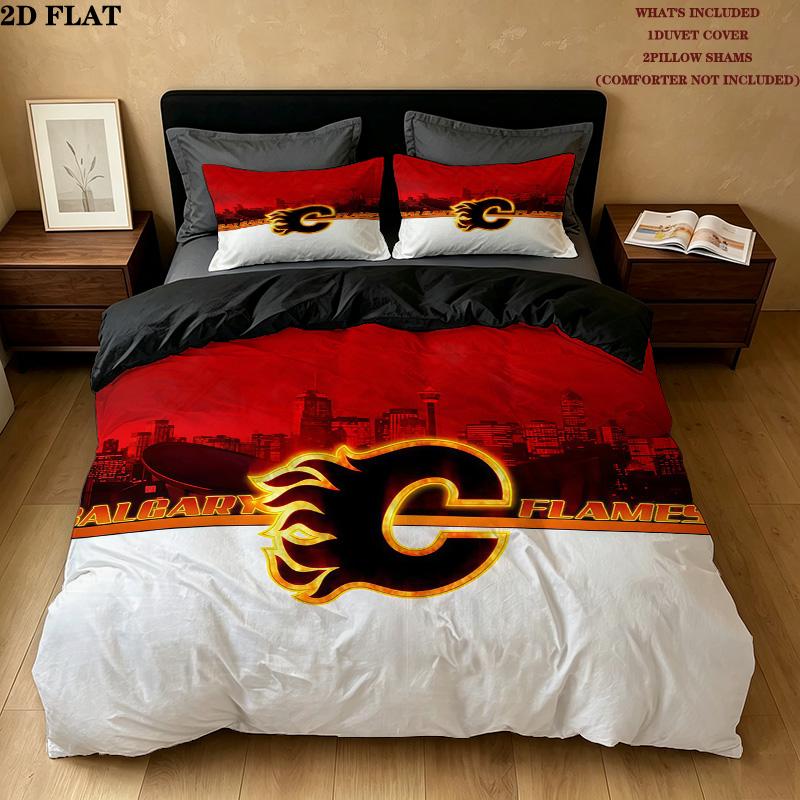 Calgary Flames Pattern Bedding Quilt Set Home Decoration Gift (1 * duvet cover + 2 * pillowcase without core)
