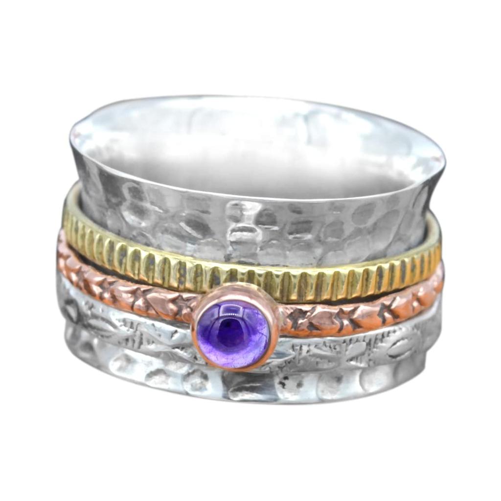 Стерлинговое Серебро Медное Латунное Кольцо Круглый Кабошон Твердый Сприннер Камень Кольцо Натуральный Аметист Драгоценный Камень 6,5 Гм