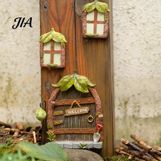Retro Garden Yard Sculptures 1 Set Fairy Door Windows And Lamp, Accessories, Miniature Decor Glow in The Dark Gnome House for Tree Decoration