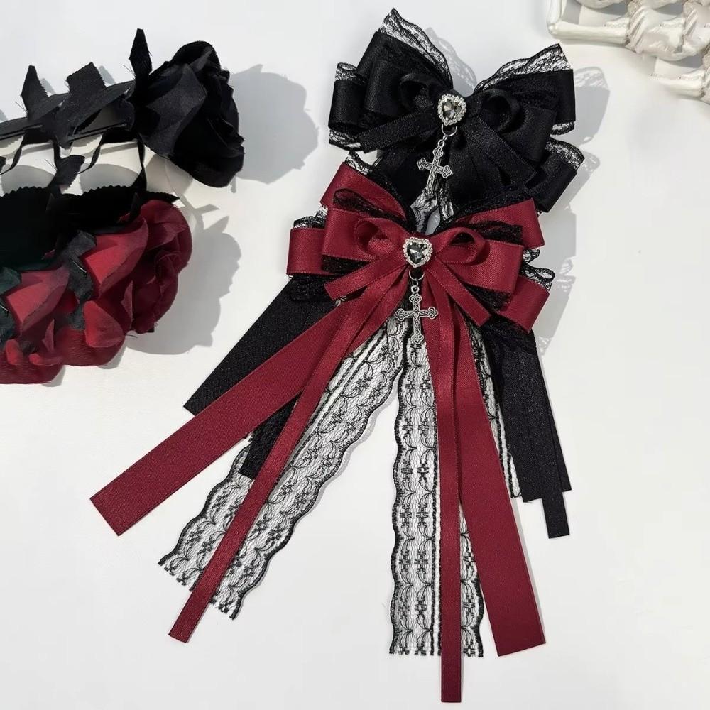 Lace Trim Rhinestone Tassel Barrette Satin Lolita Hair Barrette Gothic Hair Accessories Party