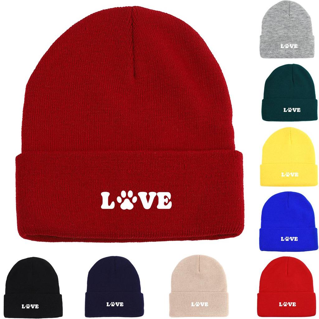 LOVE" Dog Paw Print Print Knit Hat Beanie, Animal Woman Cap Cuff Fit Trendy Gorro Knitted Cap Beanie