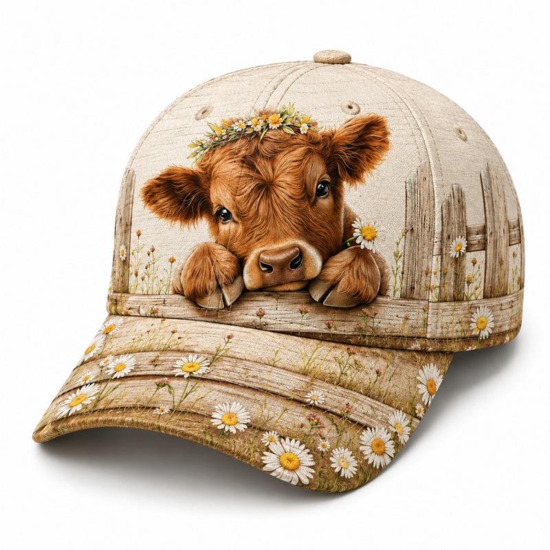 Floral Highland Cow Baseball Cap for Women, Adjustable Cow L