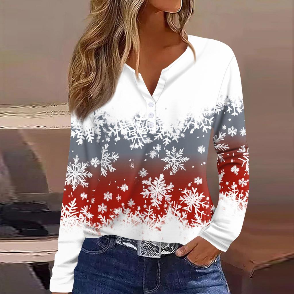 Женская футболка с рождественским принтом на пуговицах с длинным рукавом, повседневная, выходного дня, модная, базовая, с V-образным вырезом, обычная
