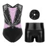 Girls Dance Performance Set Shiny Rhinestones Sleeveless Crisscross Back Leotard Metallic Shorts Headwear