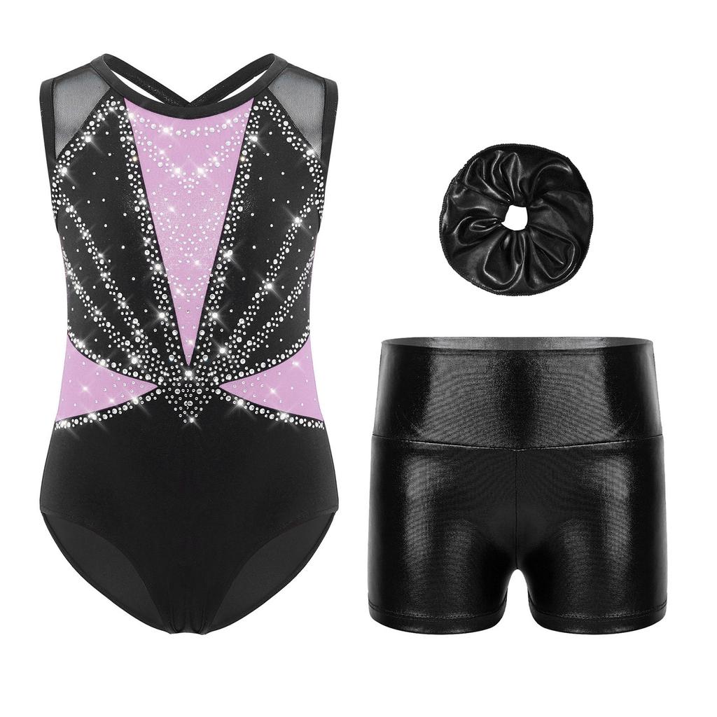 Girls Dance Performance Set Shiny Rhinestones Sleeveless Crisscross Back Leotard Metallic Shorts Headwear