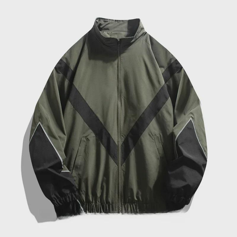 Мужская легкая куртка со светоотражающими швами и воротником-стойкой — повседневный спортивный стиль для весны и осени
