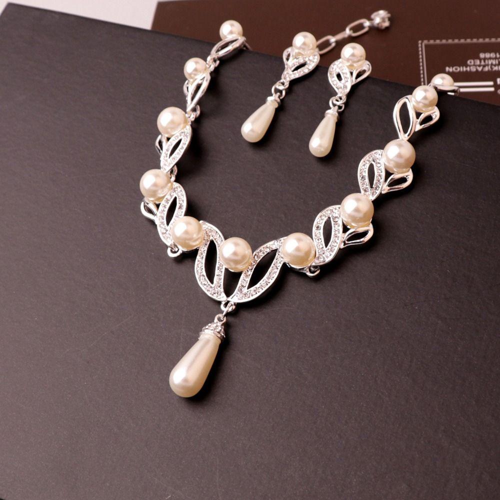 Leaf Zinc Zinc Alloy Pearl Water Drop Earrings Bridal Wedding Jewelry Set Dangle Earrings Women Necklace