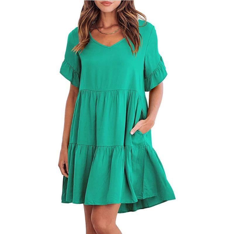 Women's Dress Summer Casual V-Neck Babydoll Pleated Dresses