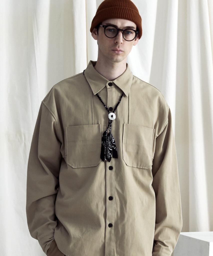 STAGE NAME Cotton Double Shoulder Work Oversized Shirt_Beige