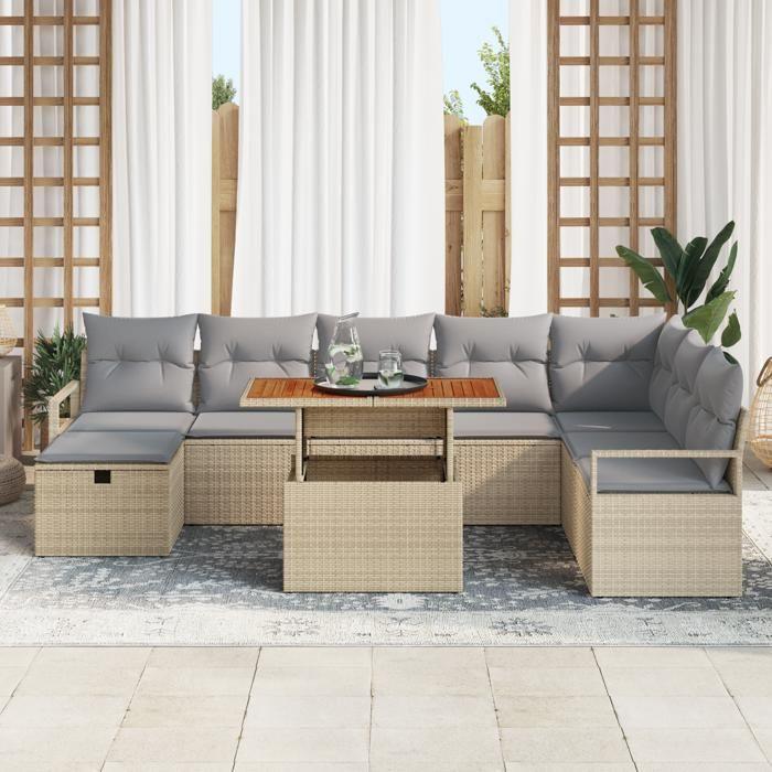 9-piece Garden Sofa Set with Beige Poly Rattan Cushions, 2-seater Garden Sofa with Poly Cushions 3360011