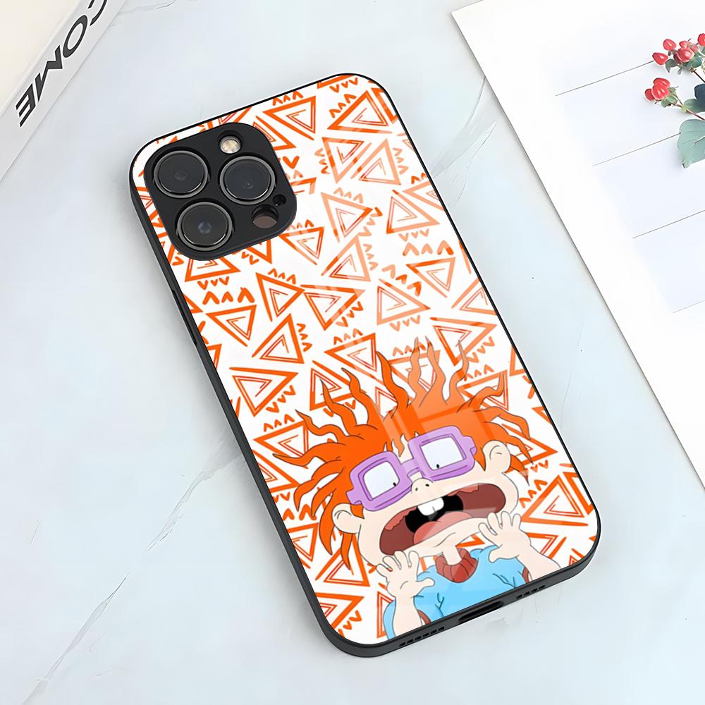 Мультяшный чехол R-Rugrats для iPhone 17 Pro Max 15 Pro 16 14 Plus 12 13 Mini 11 Pro Ударопрочная стеклянная крышка
