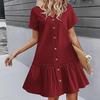 Женское летнее хлопковое льняное платье миди, повседневное платье с коротким рукавом, V-образным вырезом, застегивающееся на пуговицы, струящийся пляжный сарафан А-силуэта с оборками