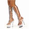 Fashion 15cm High Heel Transparent High Boots, Steel Pipe Dance, PVC Front Ribbon COSPLAY Club High Heel Boots