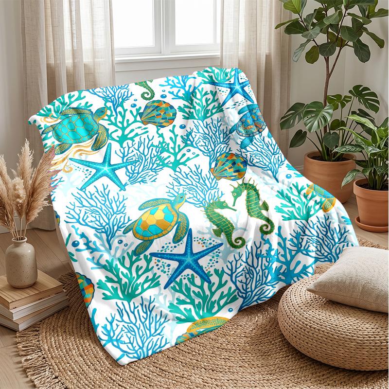 Ocean Life Frame Theme blanket Lightweight Warm Flannel Blanket Decorative Throw Blanket for Home Decoration