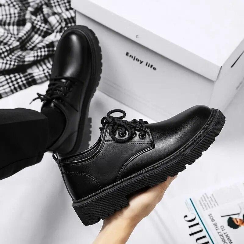 Men Korea Leather Platform Oxfords Slip On Thick Tottom Male Derby Shoes Casual Loafers Mens Square Toe Formal Dress Shoes