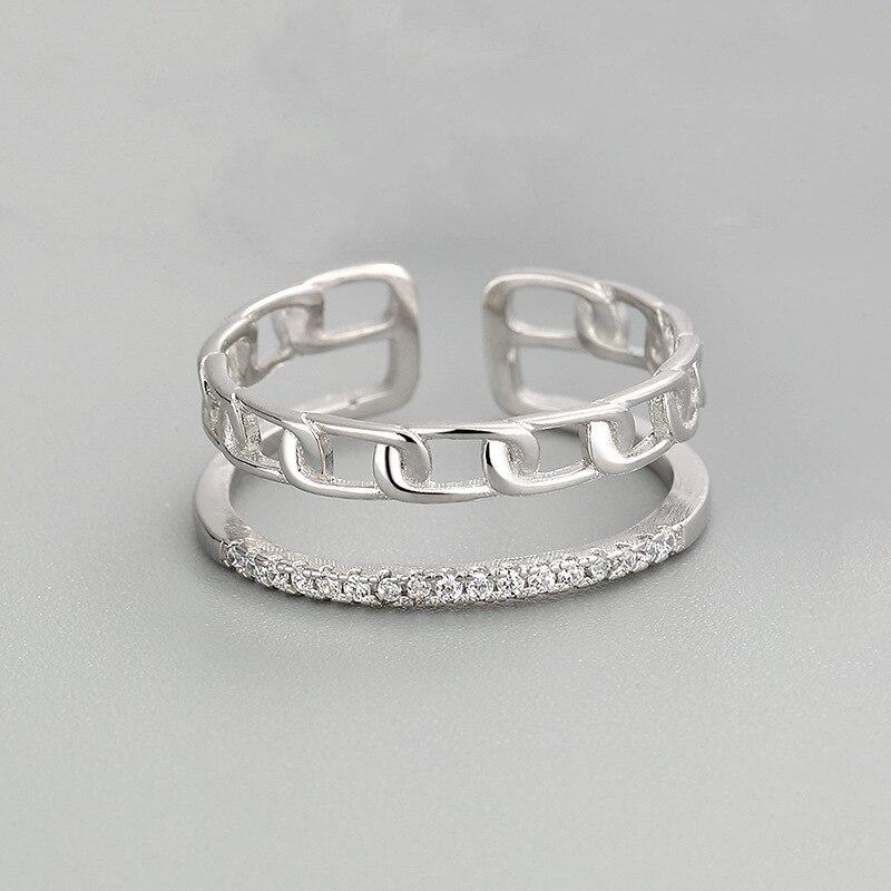 Открытые кольца из стерлингового серебра 925 пробы для женщин с двойной цепочкой и цирконием, элегантный креативный дизайн, нестандартные регулируемые украшения для вечеринок