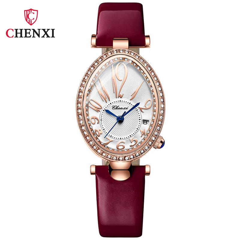 Fashion Chenxi Top Brand New Women's Watch Luxury Rose Gold Ladies Gift Rhinestone Leather Quartz For Women Oval Clock
