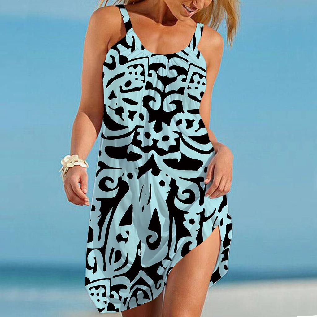 Пляжная одежда Мини-платье с ретро-принтом Повседневное современное платье без рукавов Свободный крой Повседневное летнее платье для улицы