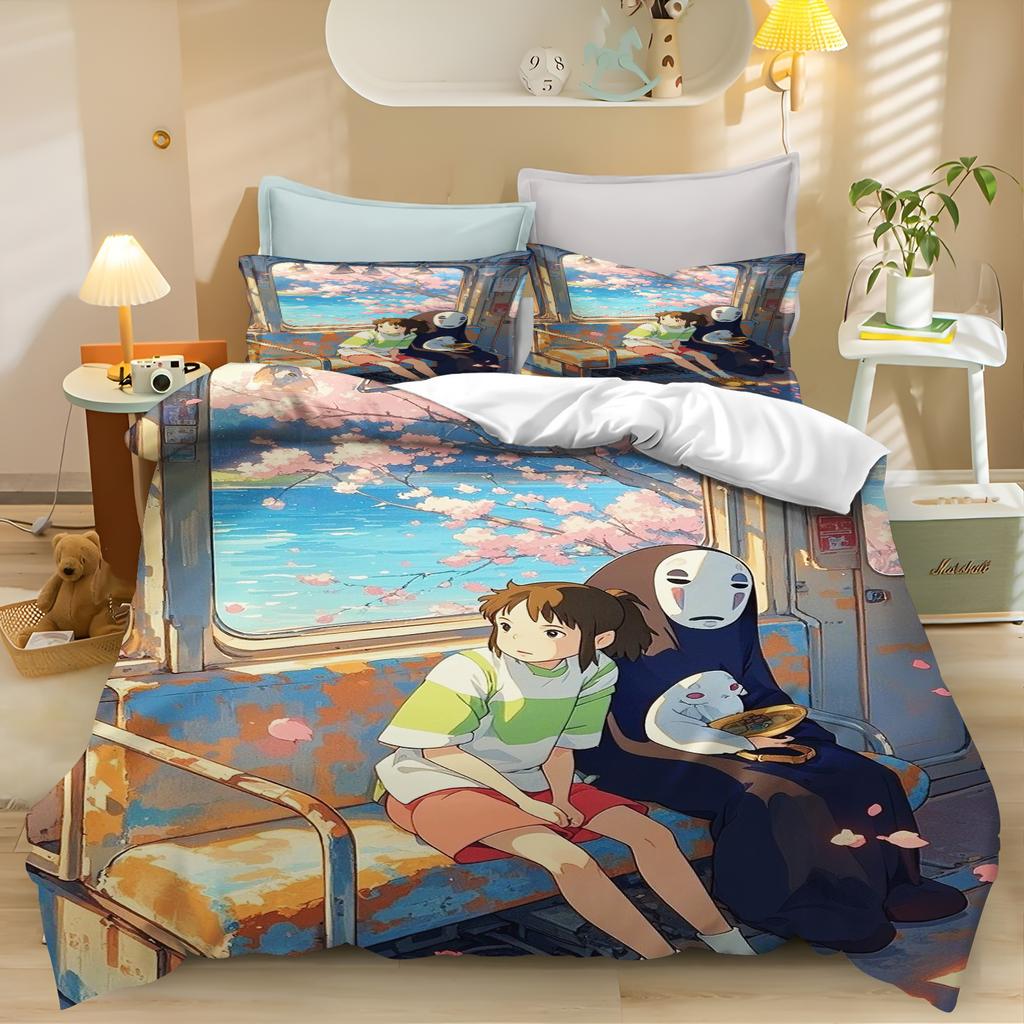 Spirited Away Bedding Set, Cute Anime Print Duvet Cover with Pillowcases, Soft Microfiber Bed Linen for Kids Bedroom Home Decor