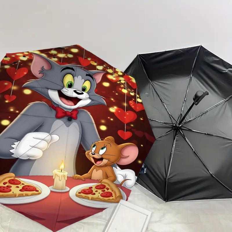 1pc Tom and Jerry pizza Automatic Open/Close Umbrella Compact Folding Umbrella with 8-Rib Shaft lightweight esign, for Women/Men1129A