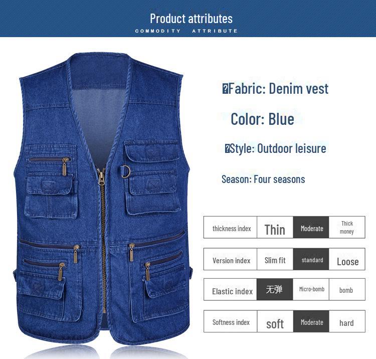 Мужской джинсовый жилет для рыбалки с V-образным вырезом и несколькими карманами