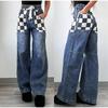Женские джинсы, широкие длинные брюки с клетчатым принтом, повседневные прямые брюки со шнуровкой и эластичным поясом, уличная одежда 2025 года, джинсовые брюки для мам