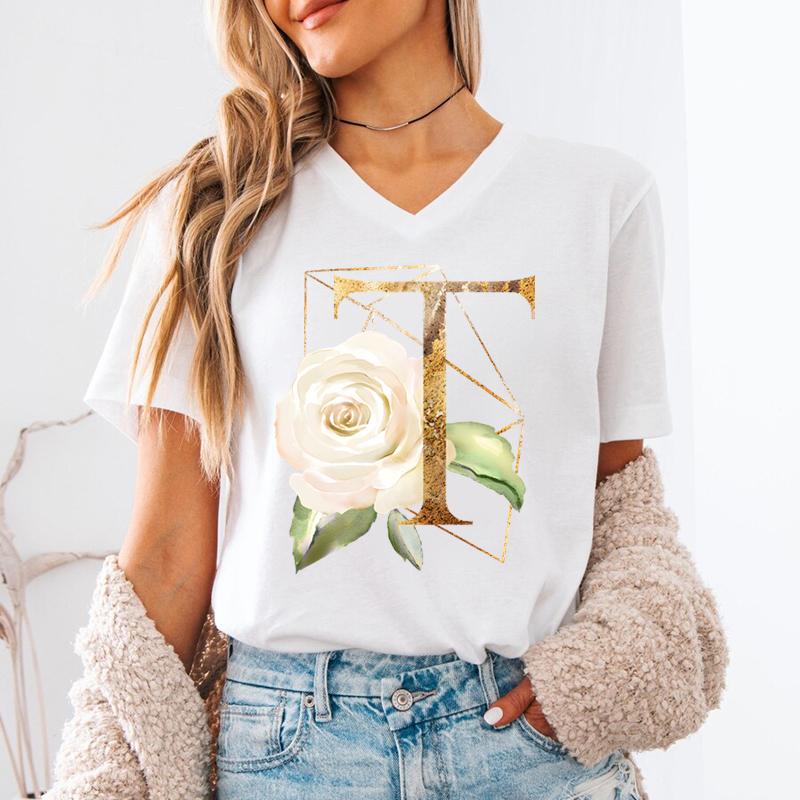 Pink Flower Letters Az Print Tshirt 26 Alphabet Unisexs Vneck Tshirt Flower Letter A B C D Short Sleeve Female Tees Tops