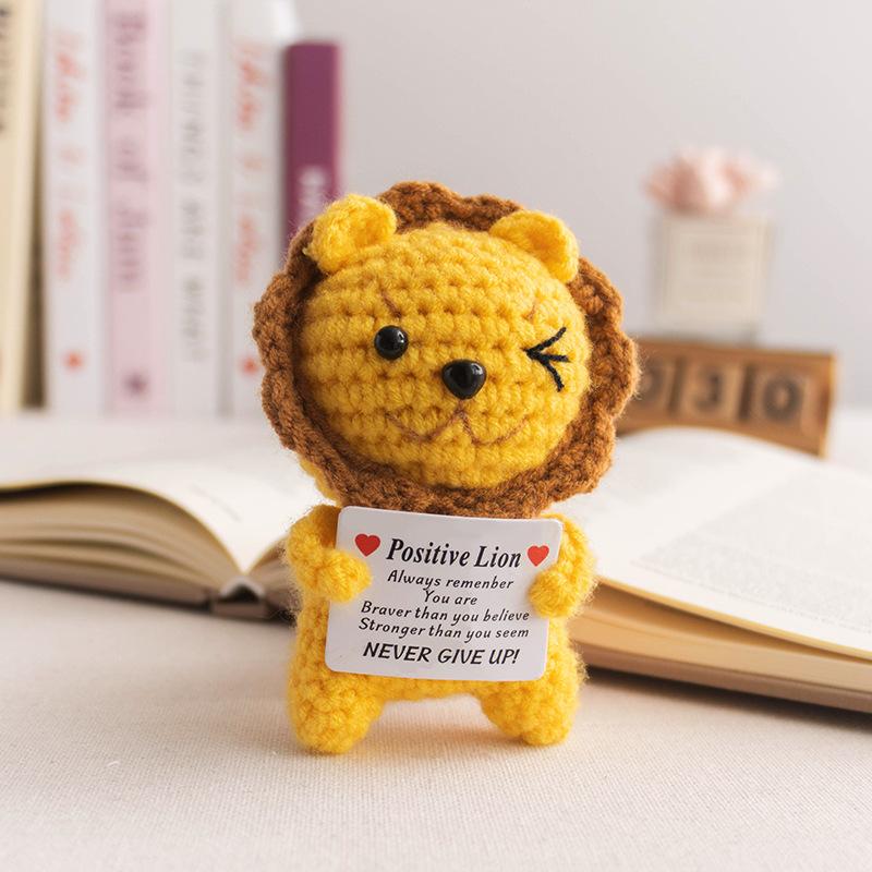 Positive Crochet Lion Doll with Card Home Room Decor Handmade Knitting Emotional Support Lion Animal Ornament Christmas Gift