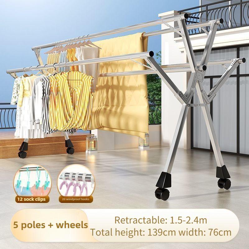 Сушилка для одежды из нержавеющей стали, бытовая складная вешалка-стойка, балконная, 5-полюсная, выдвижной инструмент для сушки одежды