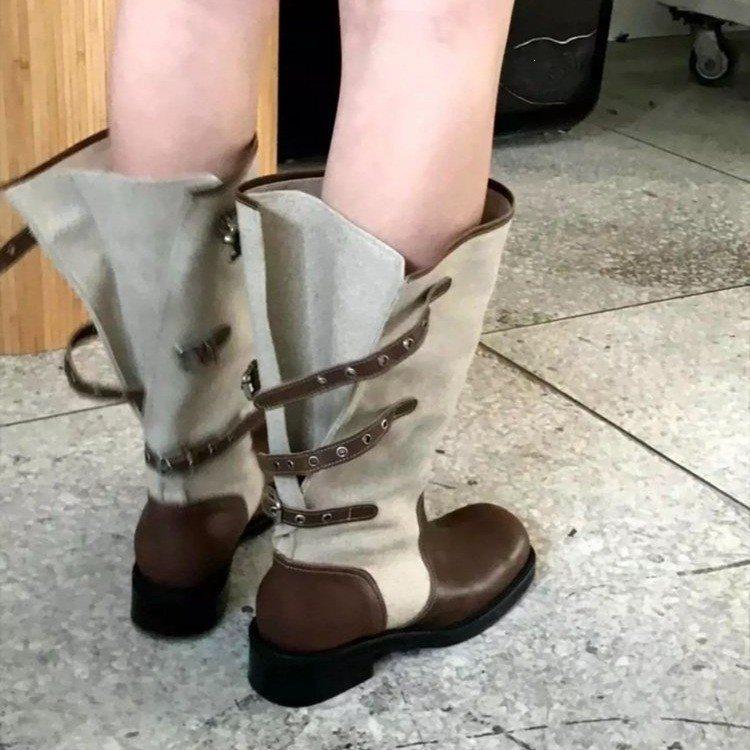 Cowboy boots square head thick heel wind big tube circumference belt buckle splicing knight boots women's loose Korean western new