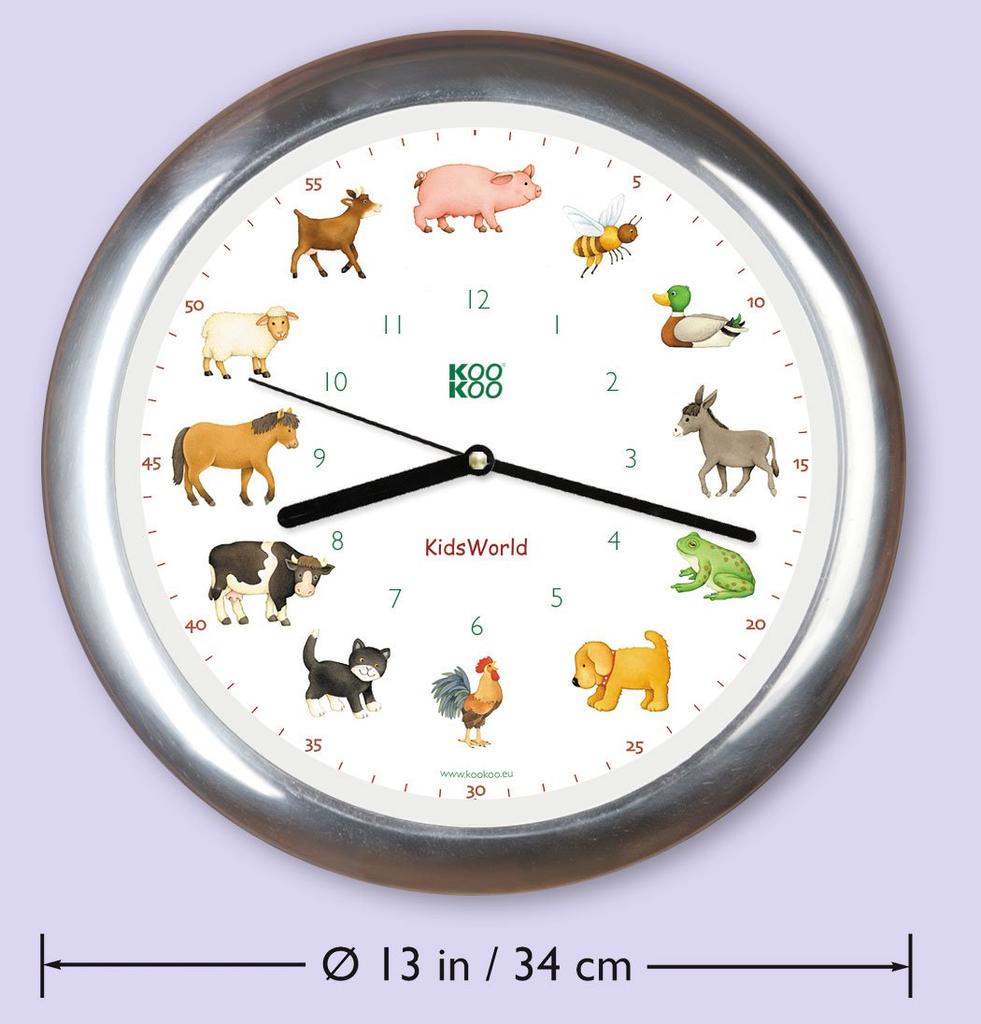 KOOKOO Kids World Chrome Animal Sound Wall Clock with 12 Farm Animals Telling Time, Cute Wall Clock, Perfect for Kids' Rooms, Soothing Sounds