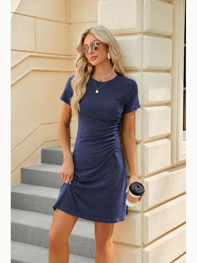 2026 Spring Summer Round Neck Drawstring Solid Color Short Sleeve Casual Dresses For Women