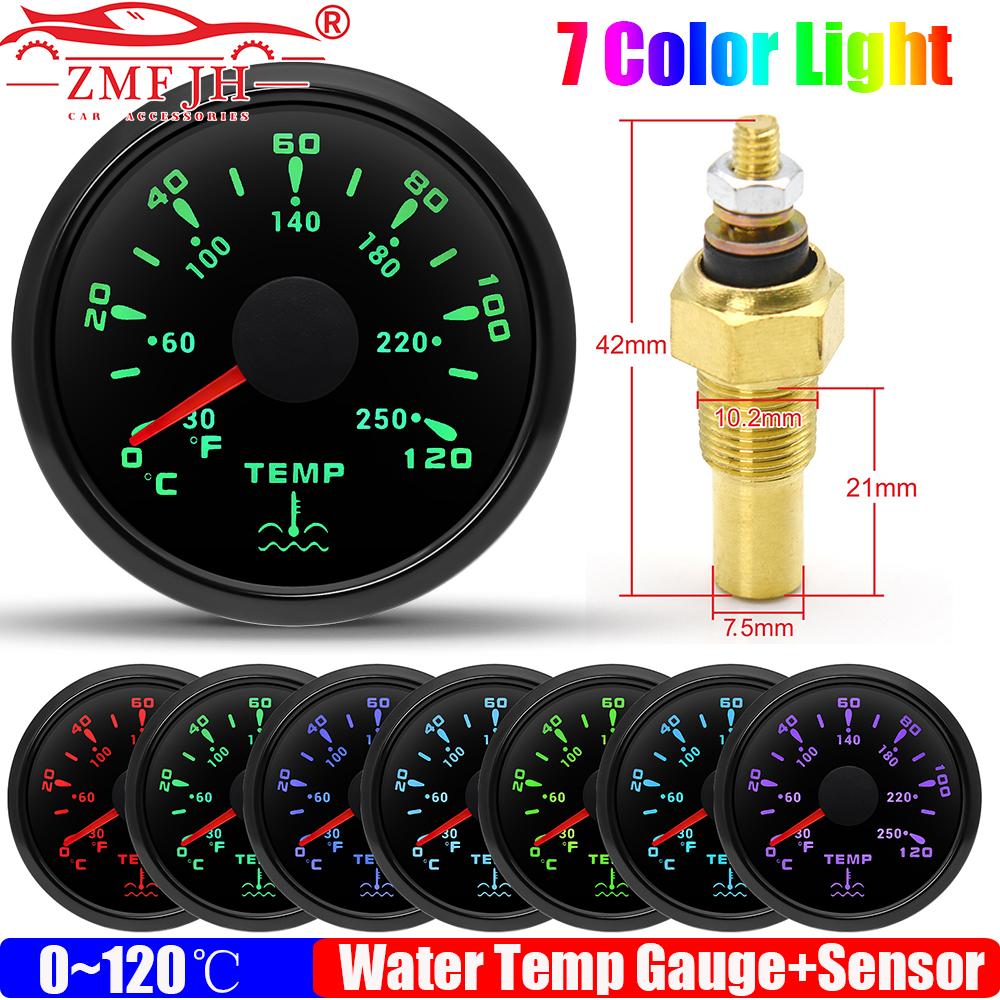 ZMFJH 0~120℃ 52MM Water Temperature Gauge with Sensor 10.2MM Universal Car Boat Yacht Water Temp Meter Indicator 7 Color Light