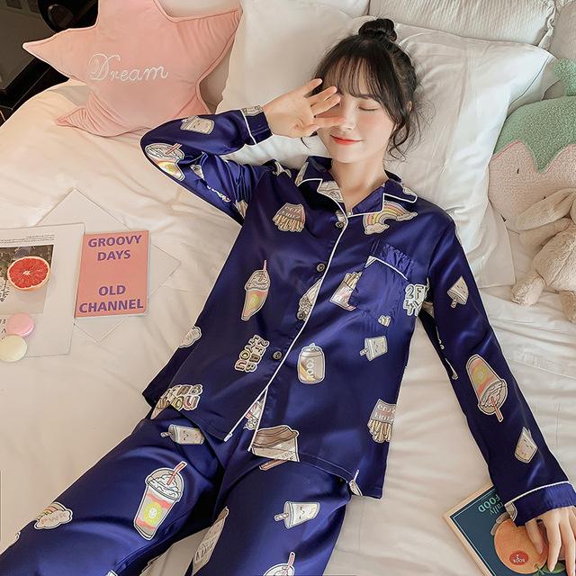 Autumn Ice Silk Pajamas Ladies Lapel Casual Loose Home Clothes Women's Silk Sexy Pajamas Long-sleeved Trousers Two-piece Suit