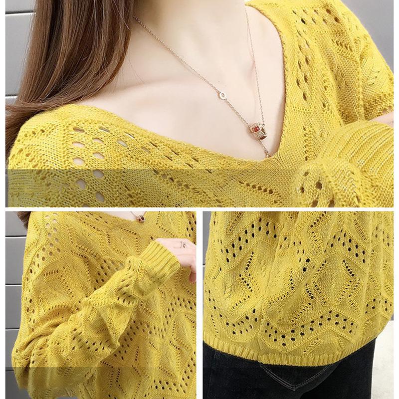 Hollow Women's Knitwear Spring and Autumn Style V-neck Loose Bottoming Shirt Short Long-sleeved Sweater Coat