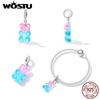 WOSTU Стерлингового серебра 925 пробы, сине-розовый градиент, карамельный медведь, подвеска-подвеска, подходит для оригинального браслета, ожерелья для женщин, ювелирные изделия