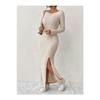 Beige Long Sleeve Pool Neck Slit Winter Spring Autumn Dress