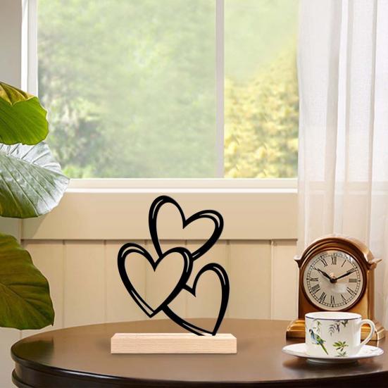 Metal Heart Sign 3 Love Hearts Sculpture with Wooden Base Romantic Mantel Tabletop Decor for Valentine's Day Anniversary Wedding